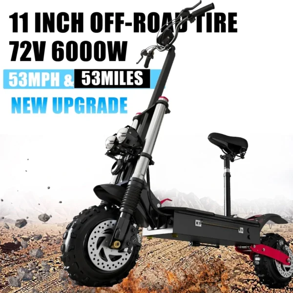 72V 6000W Dual Motor Electric Scooter 50MPH Scooter Electric 11" Off Road E Scooter